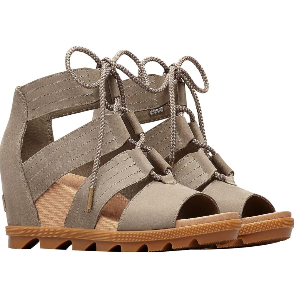 Sorel Joanie II Lace Up Wedge Sandals In Grey Green